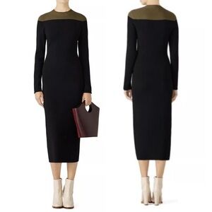 DVF Mock Neck Knit Midi Dress • Black/Olive Contrast • Long Sleeve • Size S